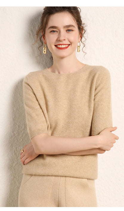 100% cashmere women's sweater short sleeved knitted O-neck five quarter sleeve fashionable hot selling women's T-shirt