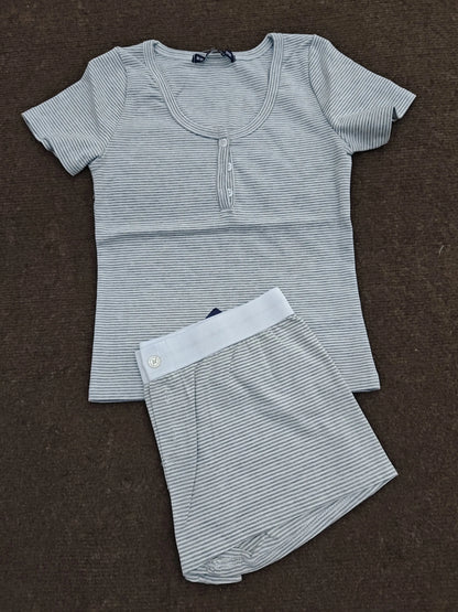 Stripes T-shirt Shorts 2 Pieces Sets Summer Short Sleeve Slim Three Buttons Crop Top Elastic Short Pant for Woman Sweet Y2k Set