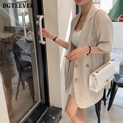 Conjunto de 2 peças feminino: jaqueta de manga curta, single breasted, shorts de perna larga, solto, casual