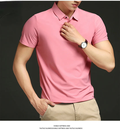 Camisa polo masculina de malha fina: elástica, respirável, polo com lapela casual