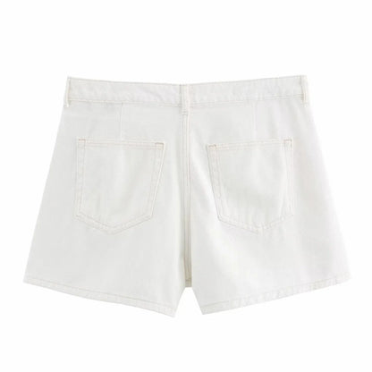 Conjuntos femininos em jeans: camisa gola com manga curta e bolso decoração +  shorts cintura média assimétrico