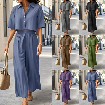 Conjunto de duas peças: em algodão e linho, moda verão casual. Camisa curta + perna larga