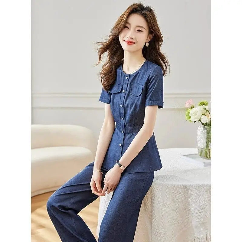 Conjunto cardigan feminino de botão com manga curta e gola redonda + calça larga de elástico na cintura, algodão puro
