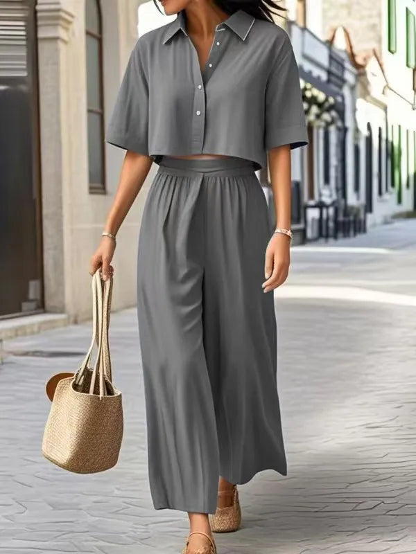 Conjunto de duas peças: em algodão e linho, moda verão casual. Camisa curta + perna larga