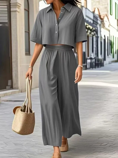 Conjunto de duas peças: em algodão e linho, moda verão casual. Camisa curta + perna larga