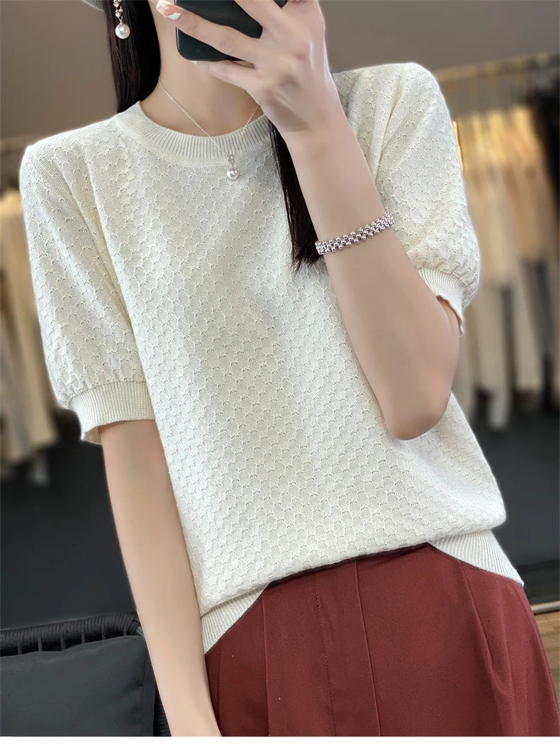 Pure Cotton Hollow Short-Sleeved Ladies Spring And Summer Loose Slim New Joker Knit Bottoming T-Shirt