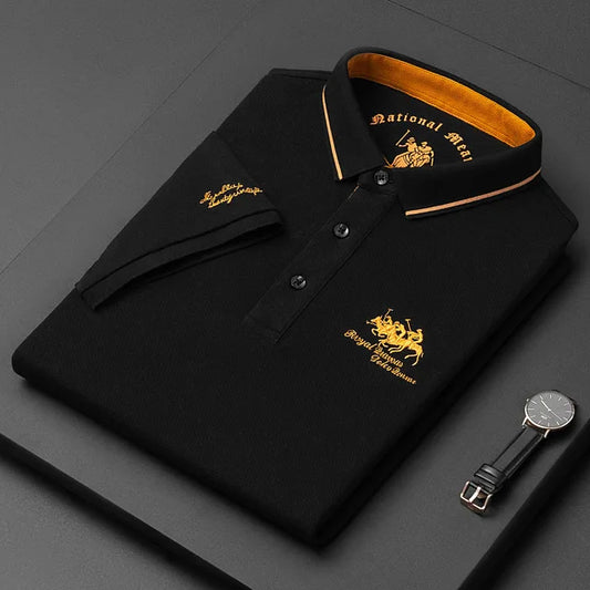 Camisa polo masculina: bordada, em algodão de luxo, casual com lapela e manga curta