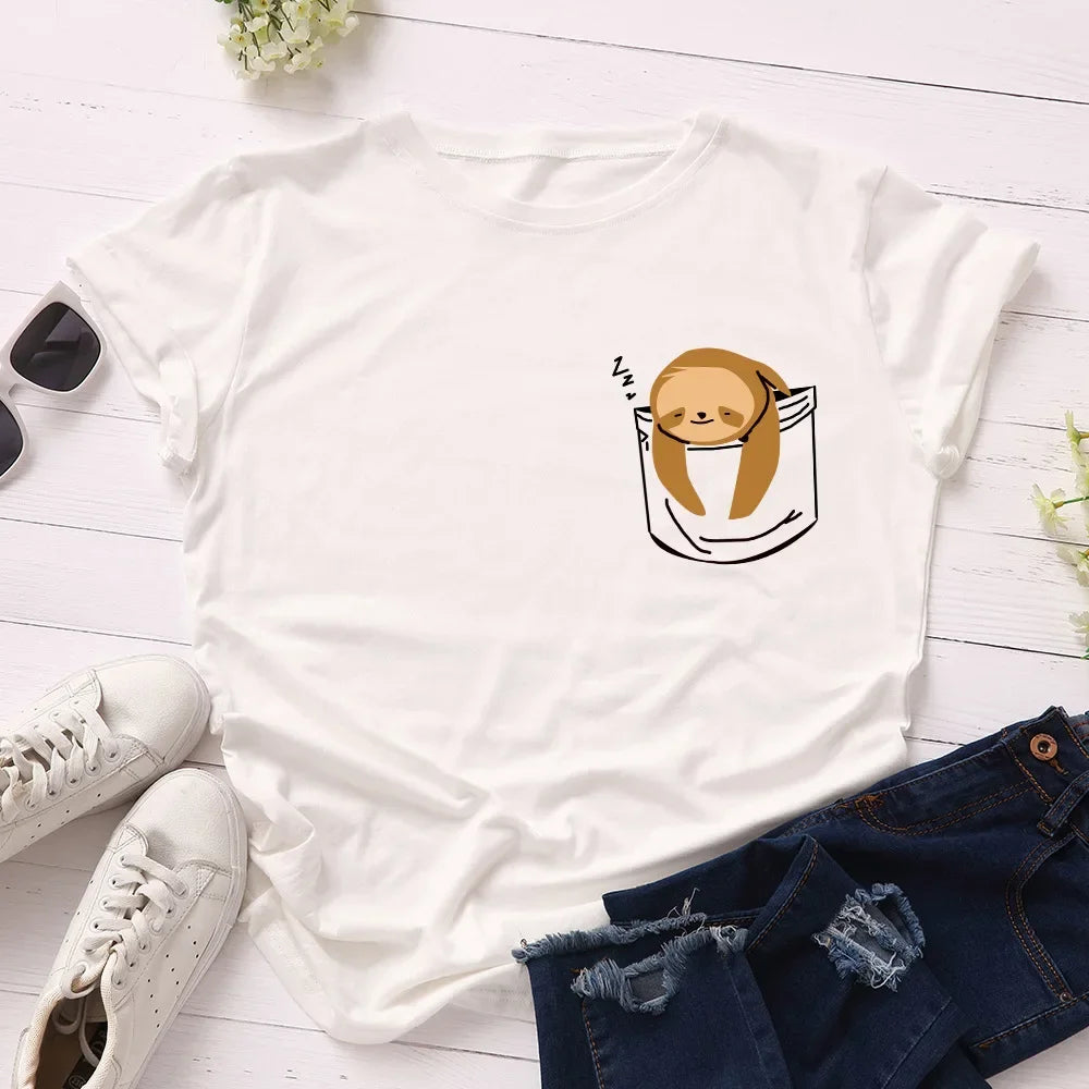 JFUNCY Short Sleeve Tee Women Top Oversized Cotton T-Shirt Female Summer Clothes Cute Sloth Pocket Graphic 2024 Women's T Shirts