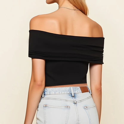Mia Muse T-Shirts Summer Daily Fashion Solid Color Layered Short Sleeve Off Shoulder Skinny Fit Cropped T-Shirts for Women