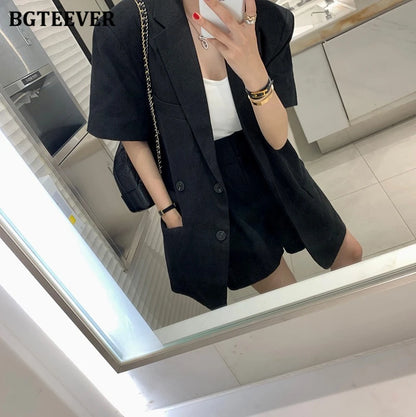 Conjunto de 2 peças feminino: jaqueta de manga curta, single breasted, shorts de perna larga, solto, casual