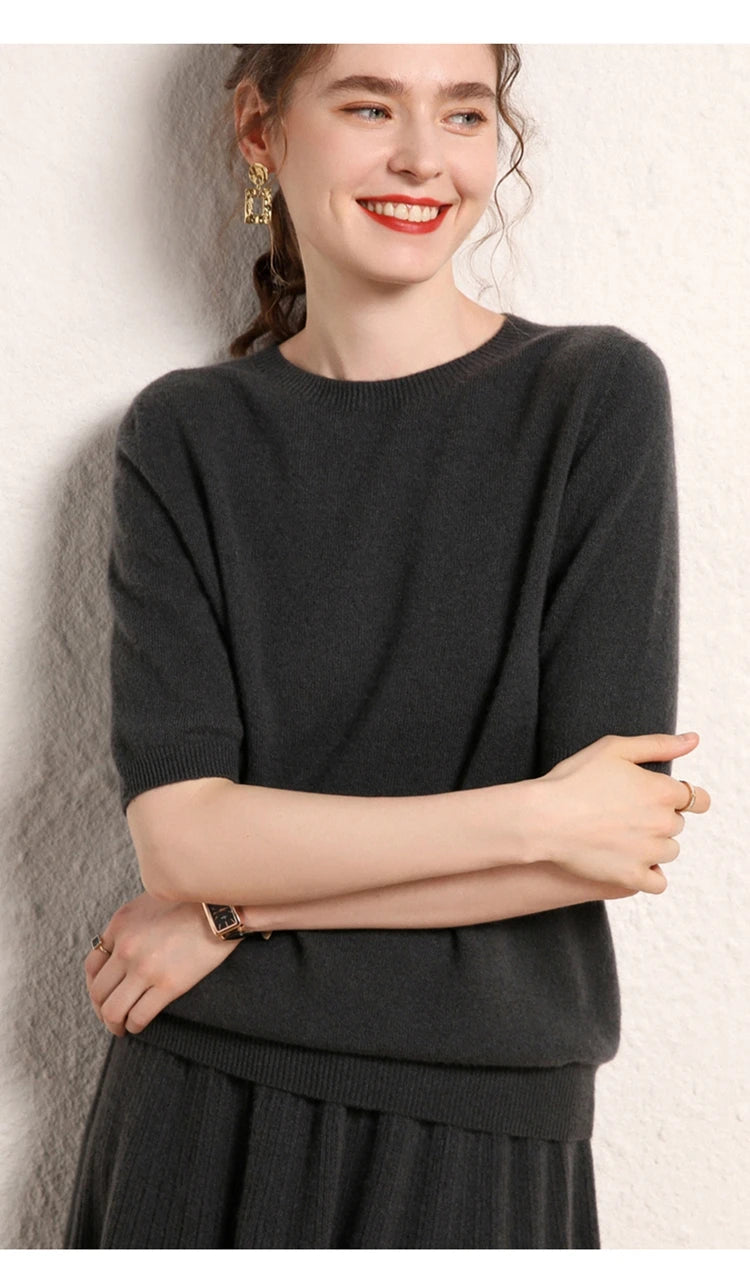 100% cashmere women's sweater short sleeved knitted O-neck five quarter sleeve fashionable hot selling women's T-shirt