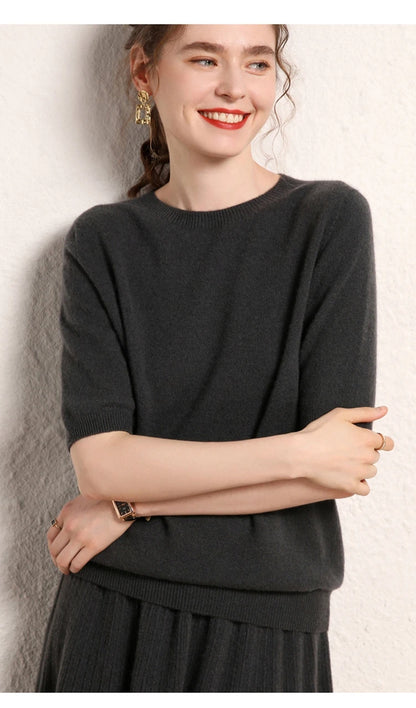 100% cashmere women's sweater short sleeved knitted O-neck five quarter sleeve fashionable hot selling women's T-shirt