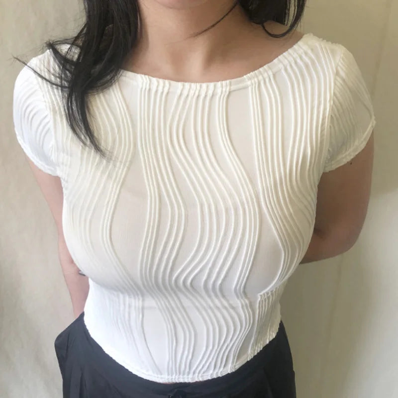 Women's Harajuku Crop Top Y2K Summer Vintage Slim Fit Short Sleeve Open Back Textured T-Shirt Streetwear 90s Style