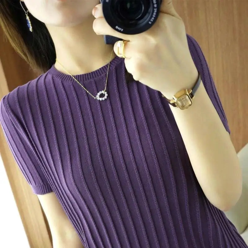 2023 Summer New Loose Thin Style Round Neck Short Sleeve T-shirt Women Fashion Vintage Elegant Screw Thread Knitting Pullovers