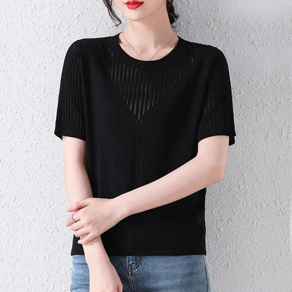 Summer Casual Fashion Hollow Out Solid Color Knitting T-shirt Ladies Short Sleeve Loose All-match Tee Women Simple Pullover Top