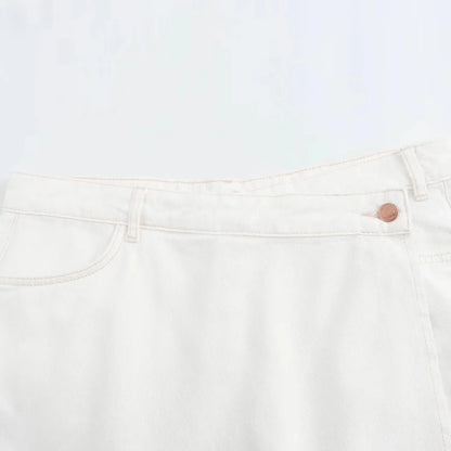 Conjuntos femininos em jeans: camisa gola com manga curta e bolso decoração +  shorts cintura média assimétrico