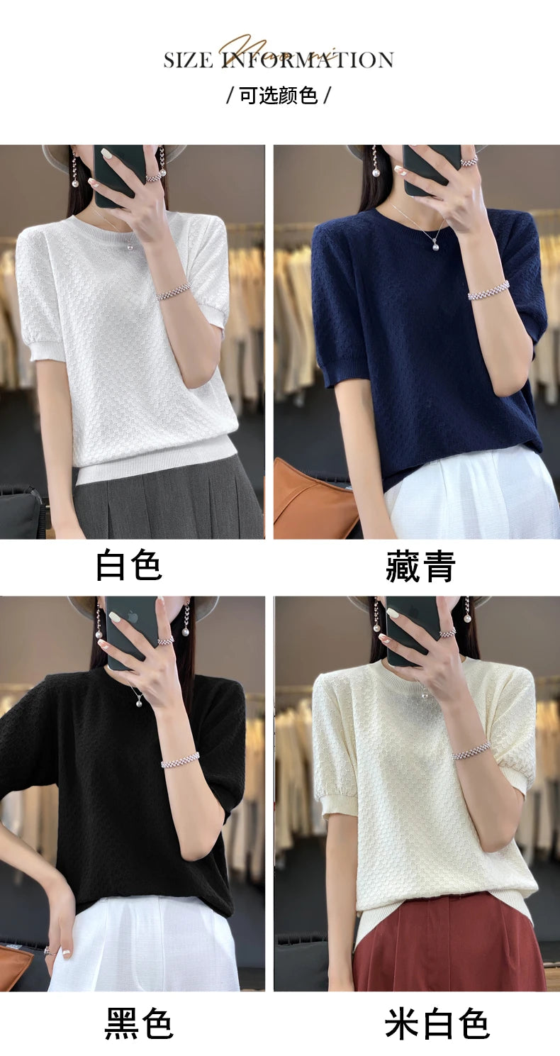Pure Cotton Hollow Short-Sleeved Ladies Spring And Summer Loose Slim New Joker Knit Bottoming T-Shirt