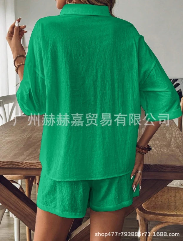 Women's Cotton and Linen Single Breasted Cardigan & Shorts Two-Piece Set 2024 Summer New Fashion Women Casual Shorts Outfits