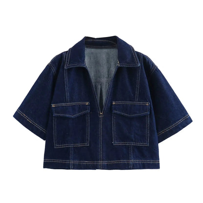 Conjunto feminina em jeans: camisa colarinho degotado com manga curta e bolso decoração + shorts cintura média assimétricos