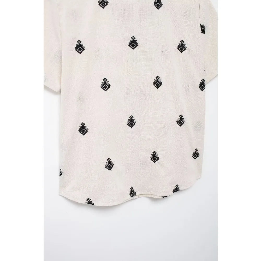Conjunto Elegance: casual com 2 peças bordados com camisa tipo top de manga curta e lapela combinando calças largas