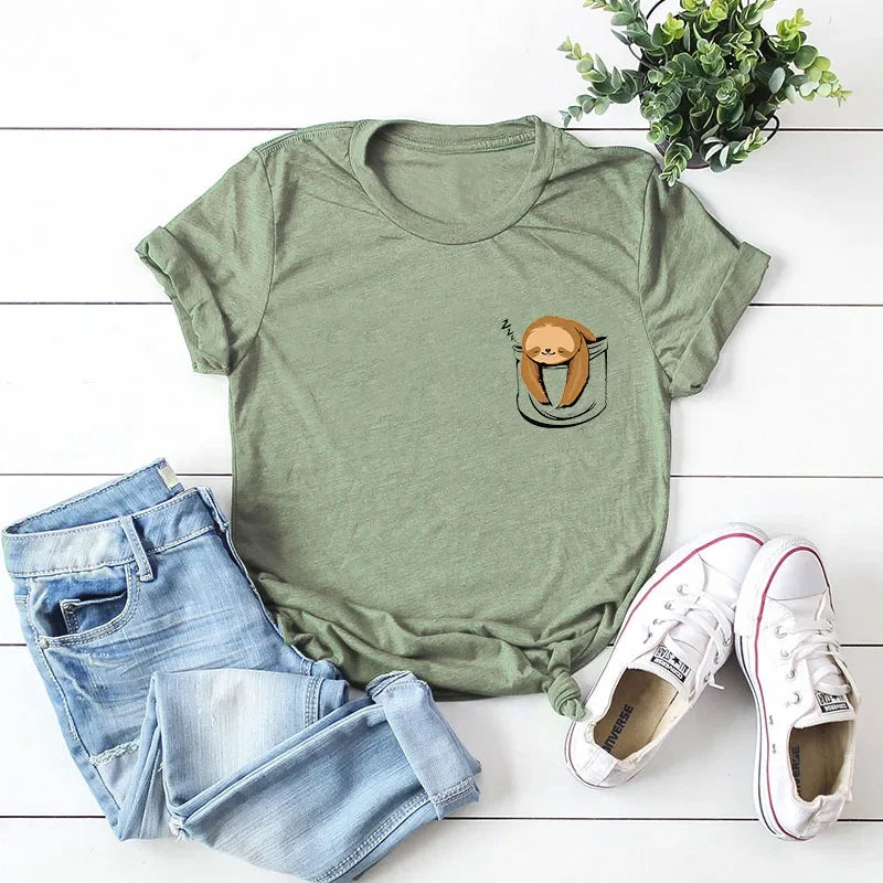 JFUNCY Short Sleeve Tee Women Top Oversized Cotton T-Shirt Female Summer Clothes Cute Sloth Pocket Graphic 2024 Women's T Shirts