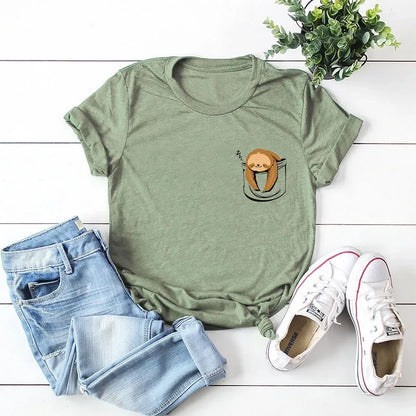 JFUNCY Short Sleeve Tee Women Top Oversized Cotton T-Shirt Female Summer Clothes Cute Sloth Pocket Graphic 2024 Women's T Shirts