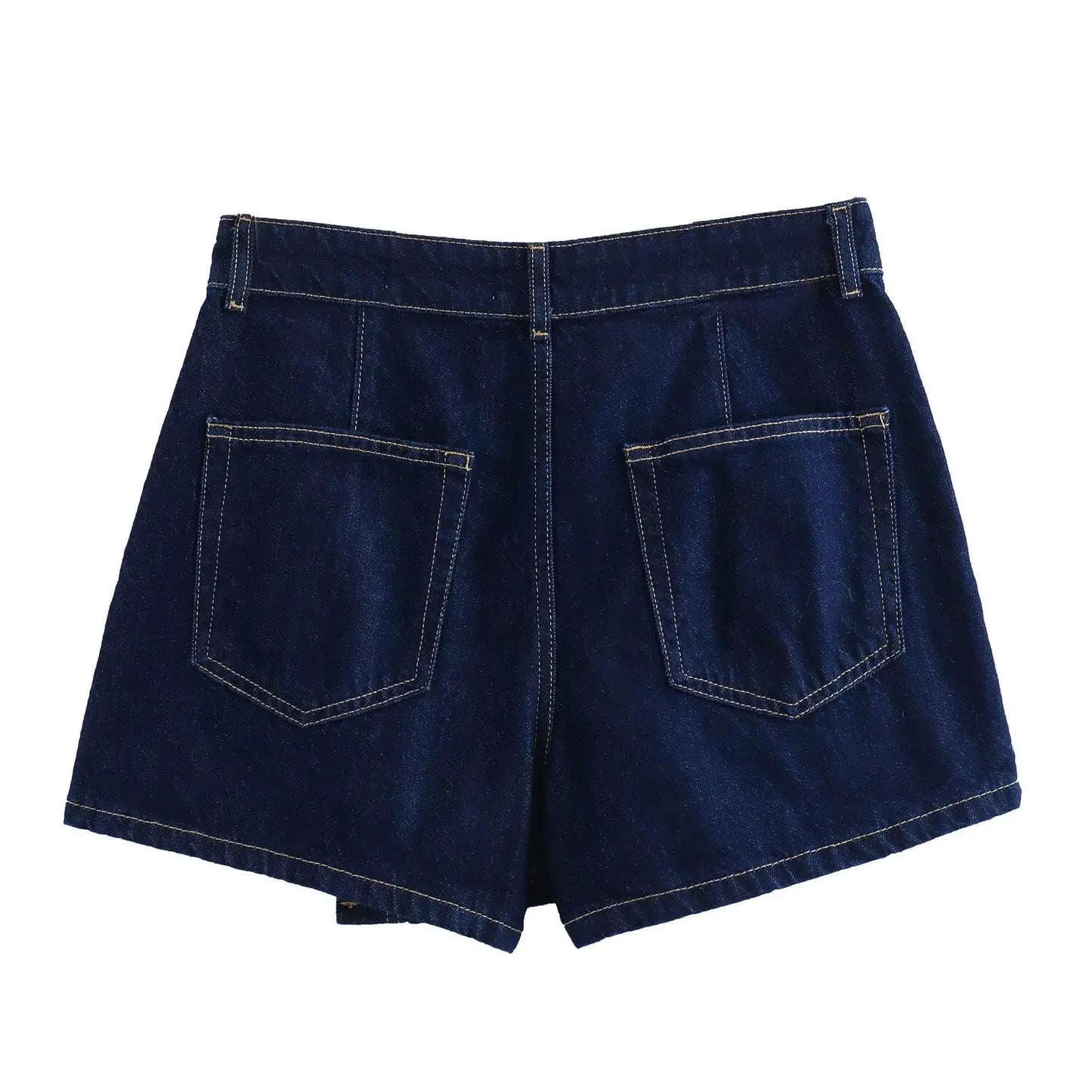Conjunto feminina em jeans: camisa colarinho degotado com manga curta e bolso decoração + shorts cintura média assimétricos
