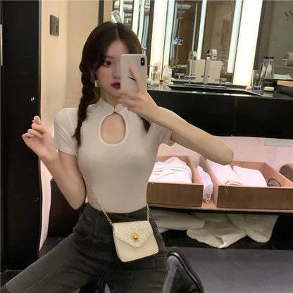 Summer Casual Black Women T-shirts Harajuku Short Sleeve Crop Top T Shirt Hollow Out Sexy Tee Shirt