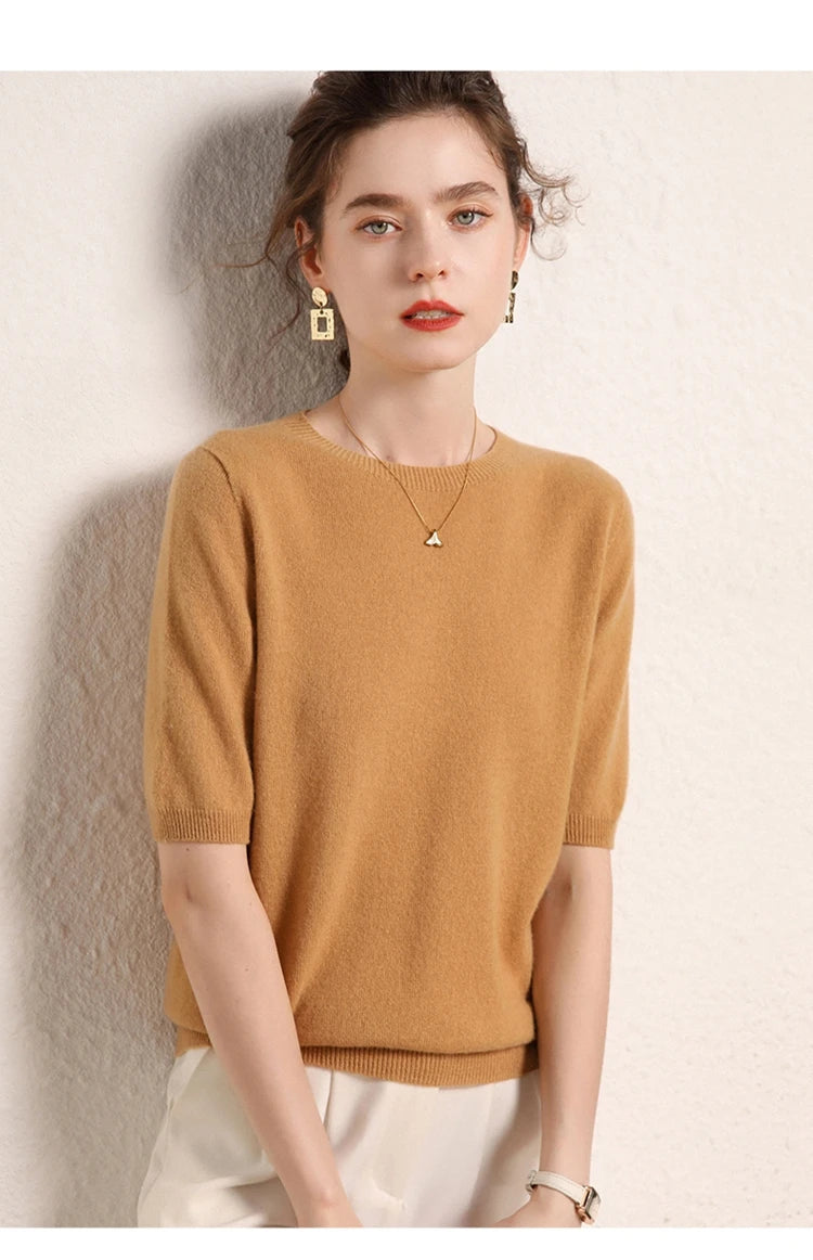 100% cashmere women's sweater short sleeved knitted O-neck five quarter sleeve fashionable hot selling women's T-shirt