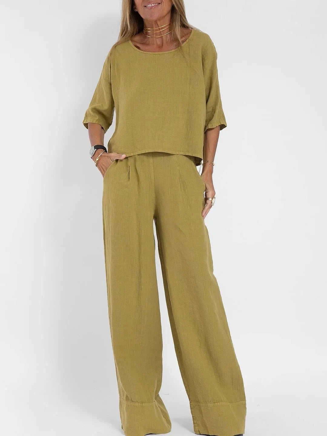 Europe and the United States new summer women's casual loose solid color short sleeve cotton linen trouser suit
