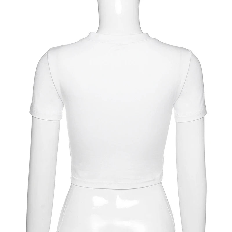 Y2K Women Backless Hollow Out T Shirt Sexy Bandage Crop Tops O-neck Tshirt Black Streetwear Short Sleeve Slim Bodycon T-shirt