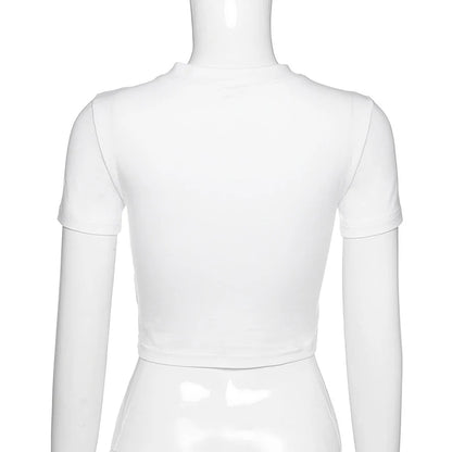 Y2K Women Backless Hollow Out T Shirt Sexy Bandage Crop Tops O-neck Tshirt Black Streetwear Short Sleeve Slim Bodycon T-shirt