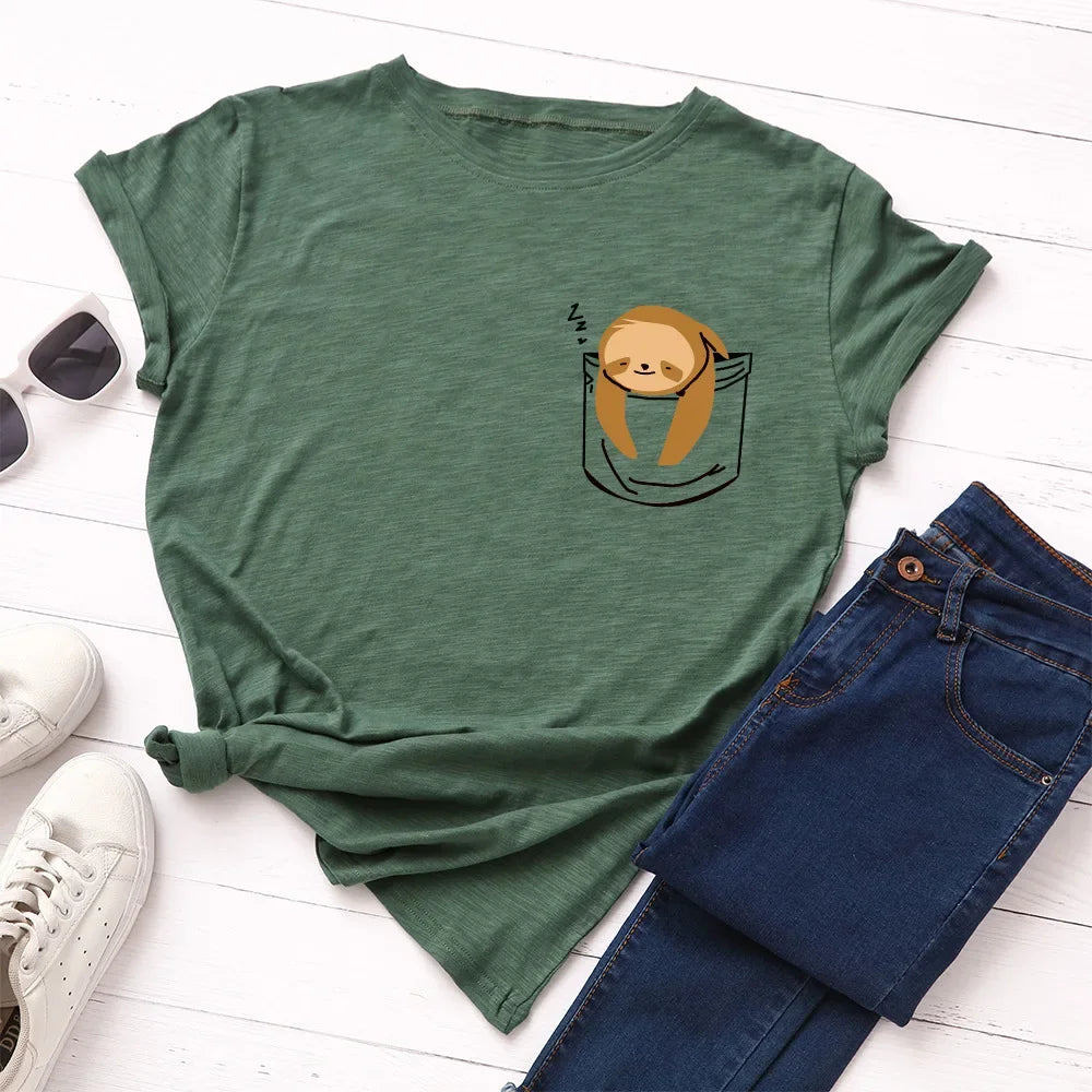 JFUNCY Short Sleeve Tee Women Top Oversized Cotton T-Shirt Female Summer Clothes Cute Sloth Pocket Graphic 2024 Women's T Shirts