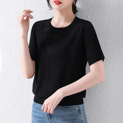 Summer Casual Fashion Hollow Out Solid Color Knitting T-shirt Ladies Short Sleeve Loose All-match Tee Women Simple Pullover Top