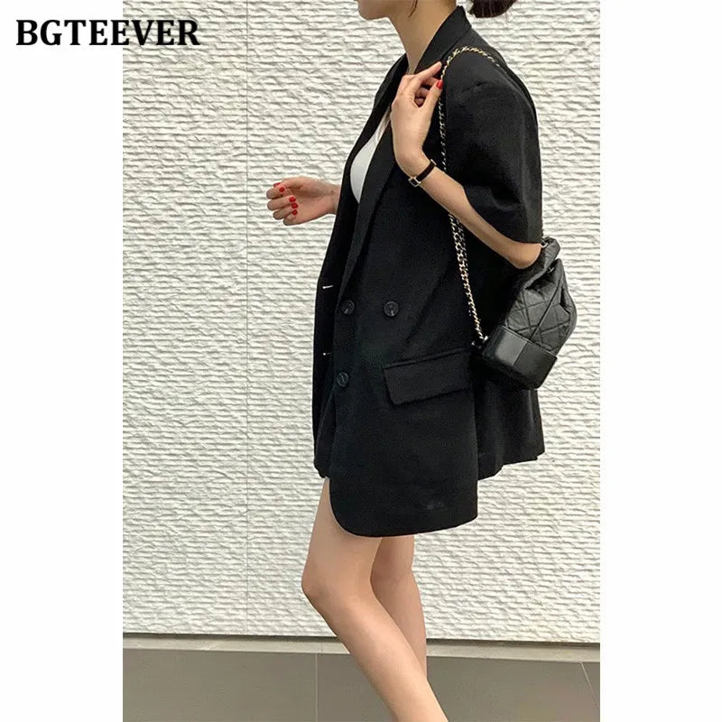 Conjunto de 2 peças feminino: jaqueta de manga curta, single breasted, shorts de perna larga, solto, casual