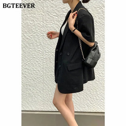 Conjunto de 2 peças feminino: jaqueta de manga curta, single breasted, shorts de perna larga, solto, casual
