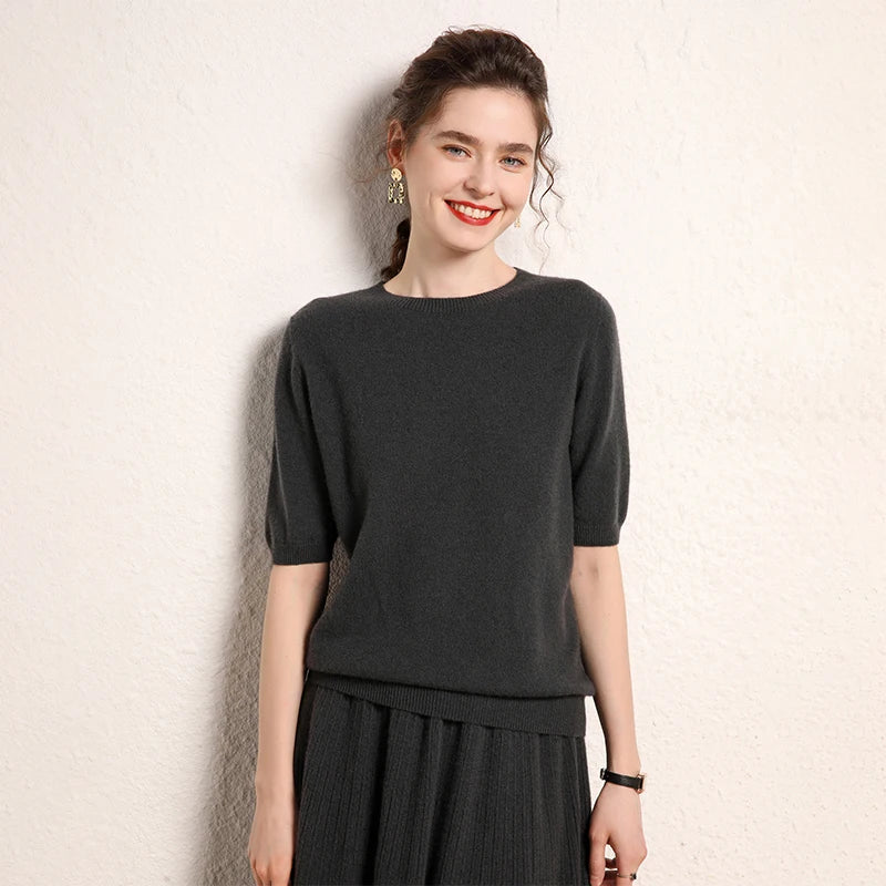 100% cashmere women's sweater short sleeved knitted O-neck five quarter sleeve fashionable hot selling women's T-shirt