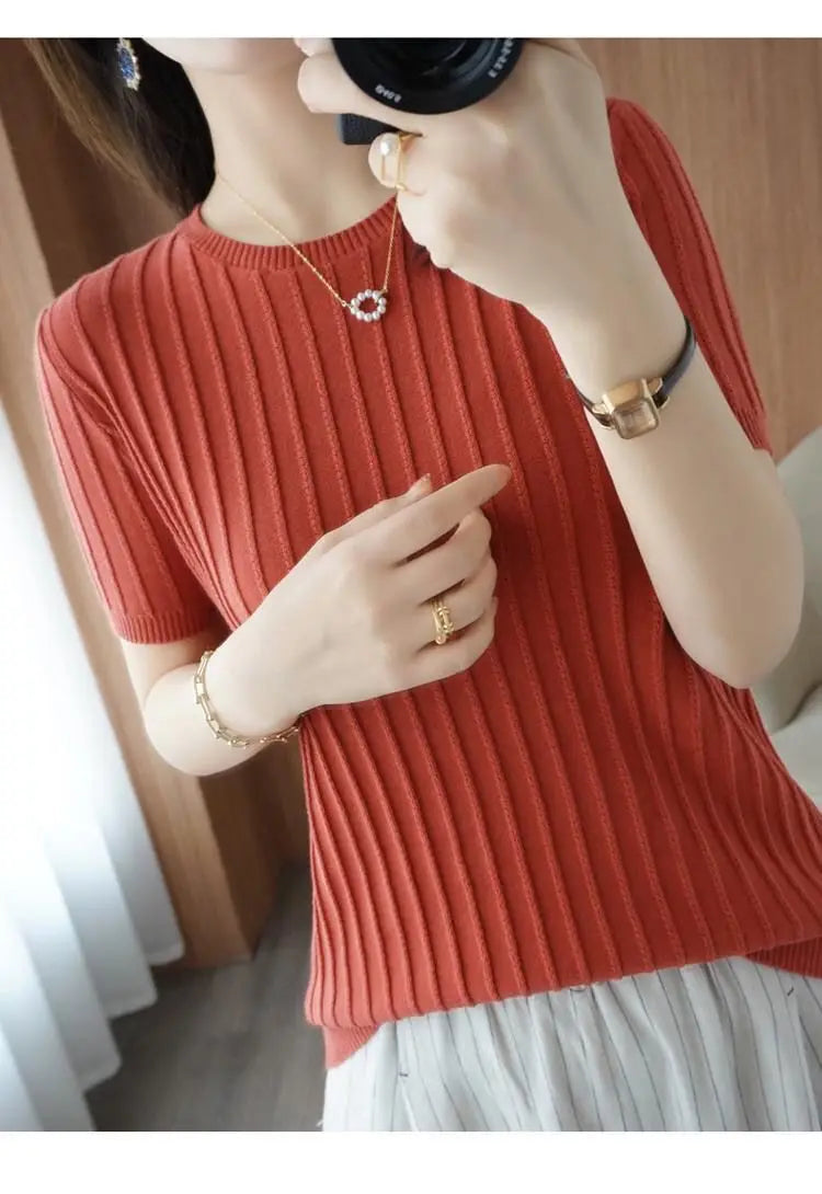 2023 Summer New Loose Thin Style Round Neck Short Sleeve T-shirt Women Fashion Vintage Elegant Screw Thread Knitting Pullovers