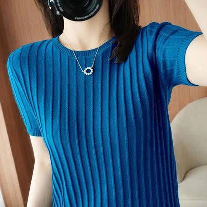 2023 Summer New Loose Thin Style Round Neck Short Sleeve T-shirt Women Fashion Vintage Elegant Screw Thread Knitting Pullovers