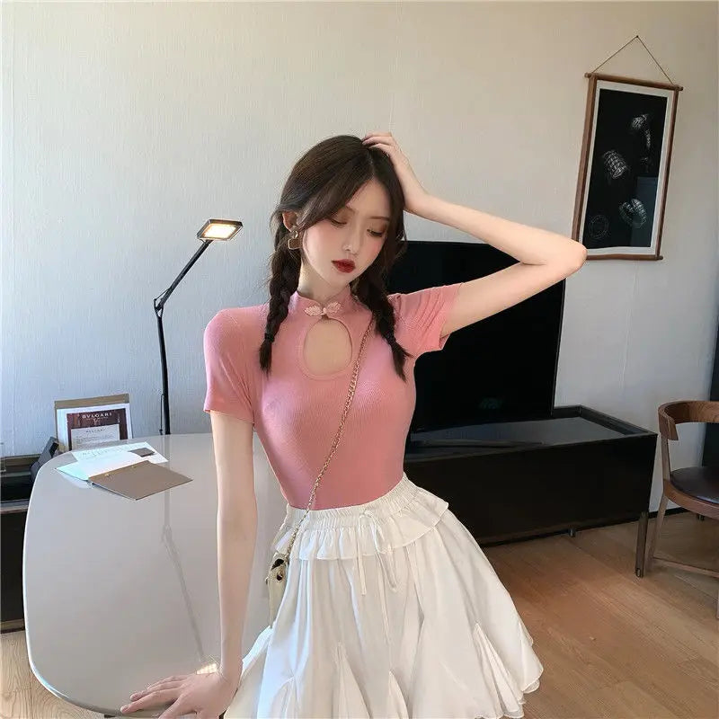 Summer Casual Black Women T-shirts Harajuku Short Sleeve Crop Top T Shirt Hollow Out Sexy Tee Shirt