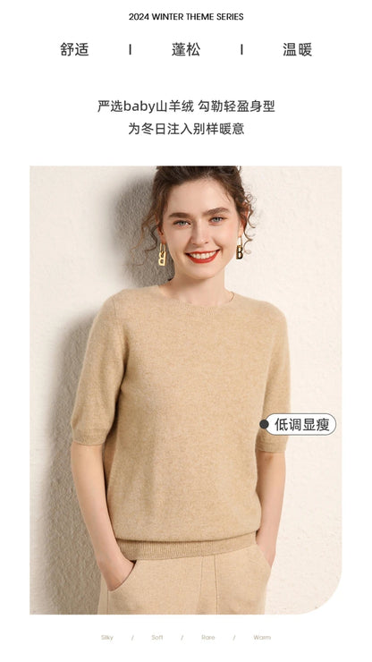 100% cashmere women's sweater short sleeved knitted O-neck five quarter sleeve fashionable hot selling women's T-shirt