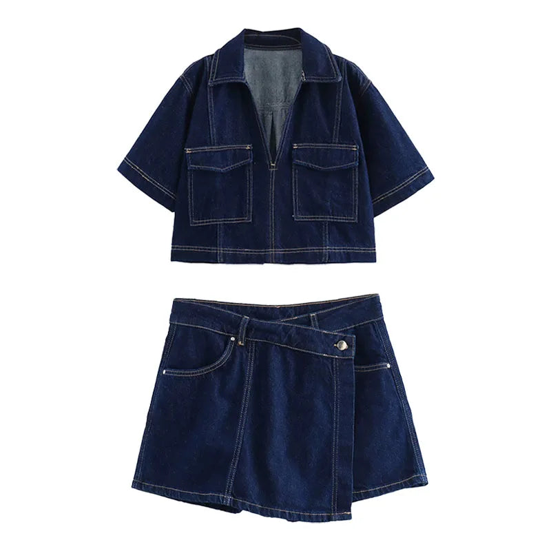 Conjunto feminina em jeans: camisa colarinho degotado com manga curta e bolso decoração + shorts cintura média assimétricos