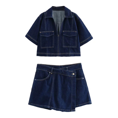 Conjunto feminina em jeans: camisa colarinho degotado com manga curta e bolso decoração + shorts cintura média assimétricos