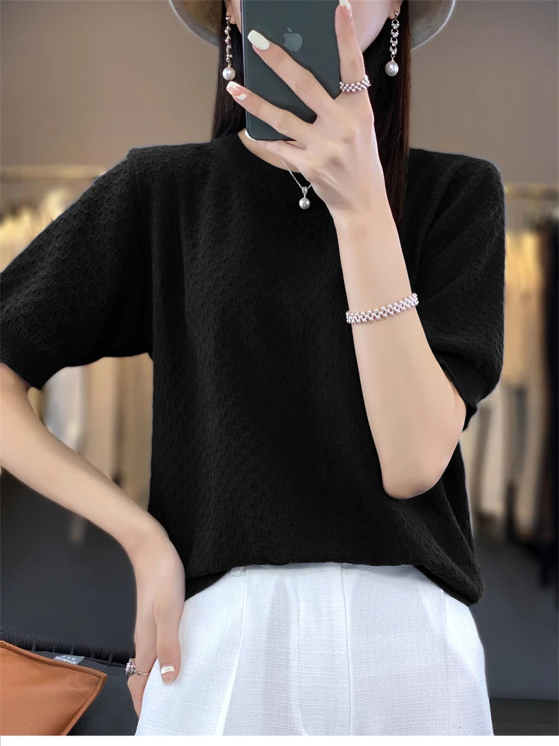 Pure Cotton Hollow Short-Sleeved Ladies Spring And Summer Loose Slim New Joker Knit Bottoming T-Shirt