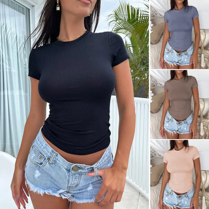 2024 Women's Clothing Y2K Style Solid Color Slim Fit Short-sleeved T-shirt