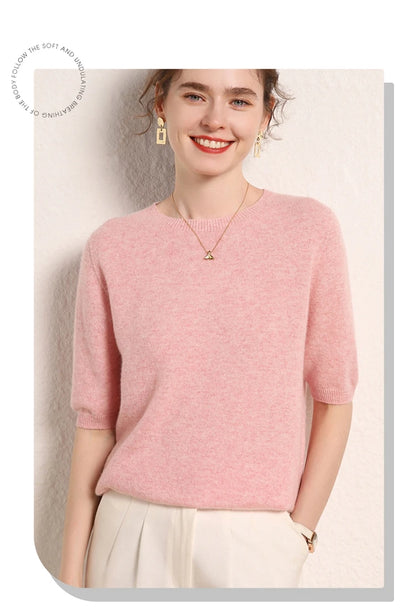 100% cashmere women's sweater short sleeved knitted O-neck five quarter sleeve fashionable hot selling women's T-shirt