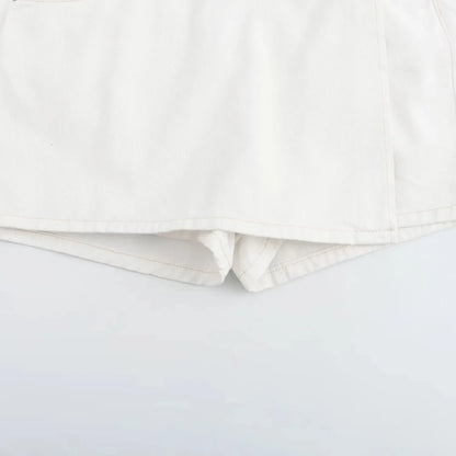 Conjuntos femininos em jeans: camisa gola com manga curta e bolso decoração +  shorts cintura média assimétrico