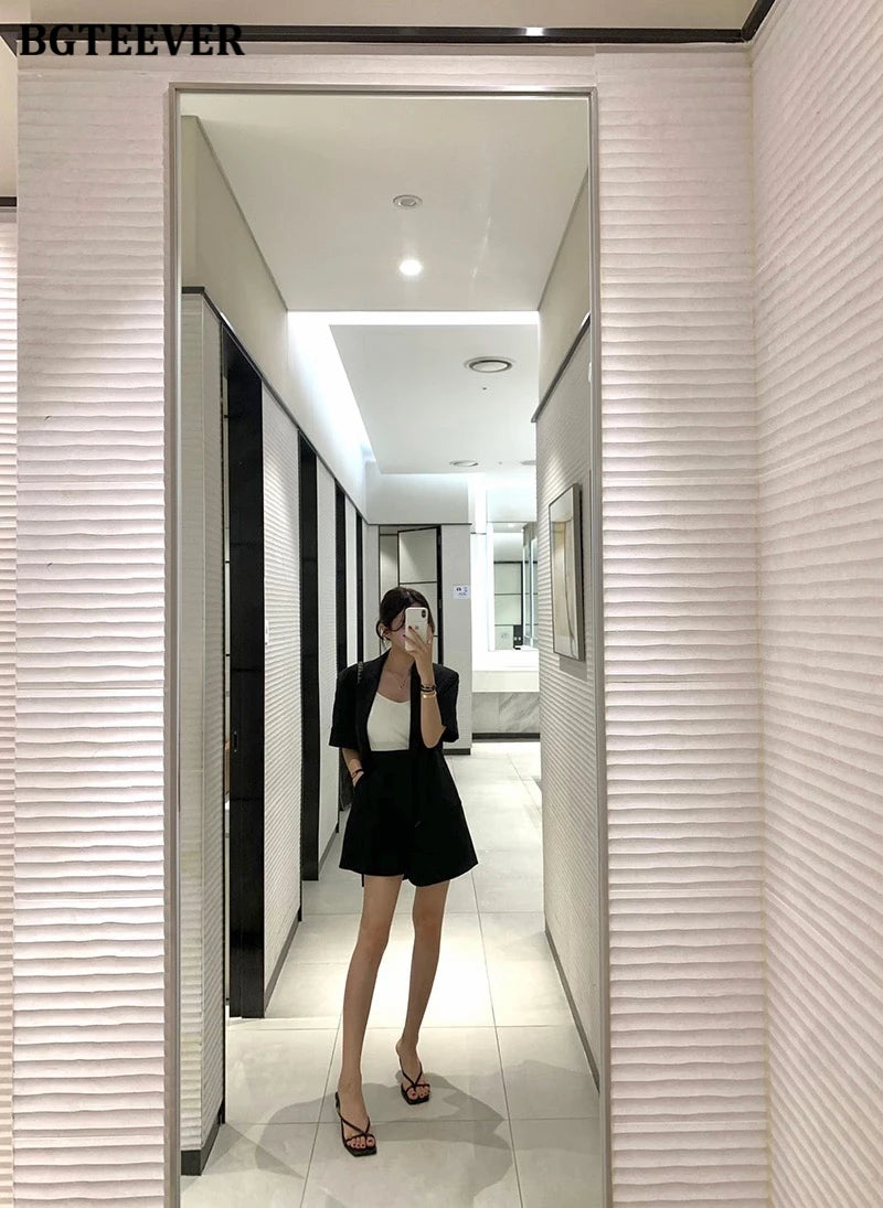 Conjunto de 2 peças feminino: jaqueta de manga curta, single breasted, shorts de perna larga, solto, casual