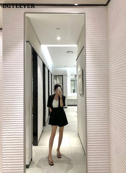 Conjunto de 2 peças feminino: jaqueta de manga curta, single breasted, shorts de perna larga, solto, casual