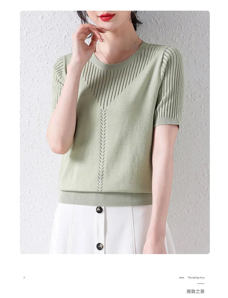 Summer Casual Fashion Hollow Out Solid Color Knitting T-shirt Ladies Short Sleeve Loose All-match Tee Women Simple Pullover Top